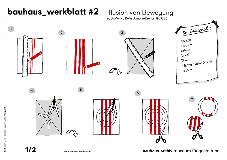 bauhaus_werkblatt mit gezeichneter Anleitung, wie man mit Papierkreise eine Illusion von Bewegung erzeugen kann